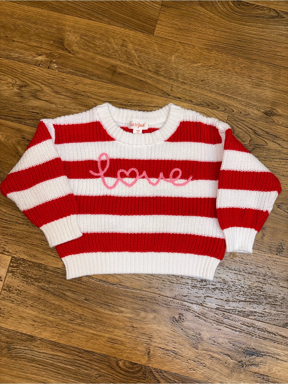 Cat & Jack Red and White Oversized Striped 'Love' Sweater 18M